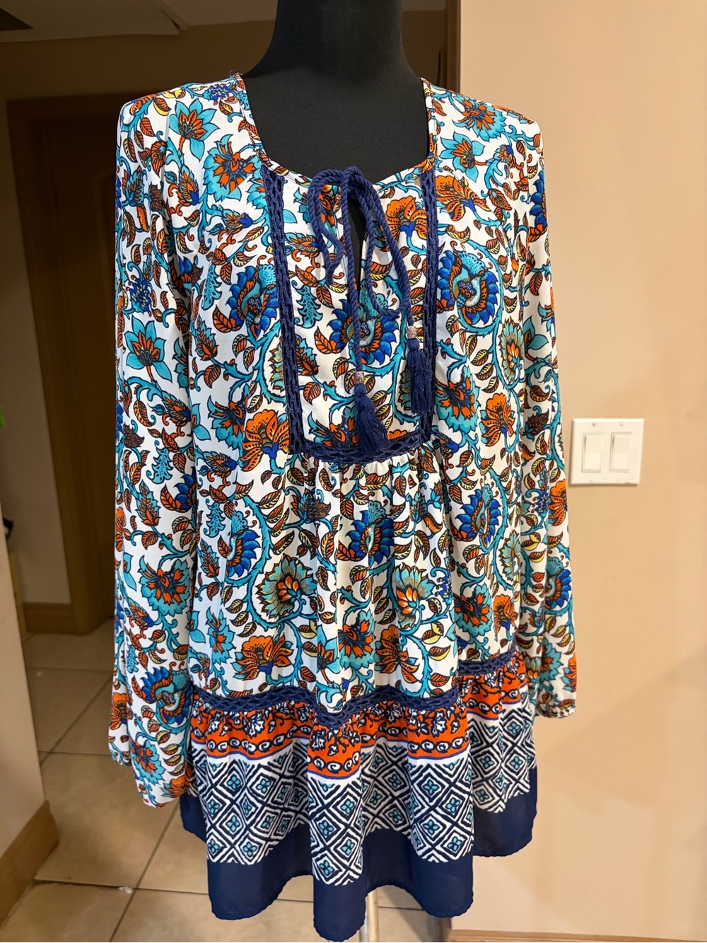 Bohemian Floral Tiered Tunic Dress in Blue & Orange